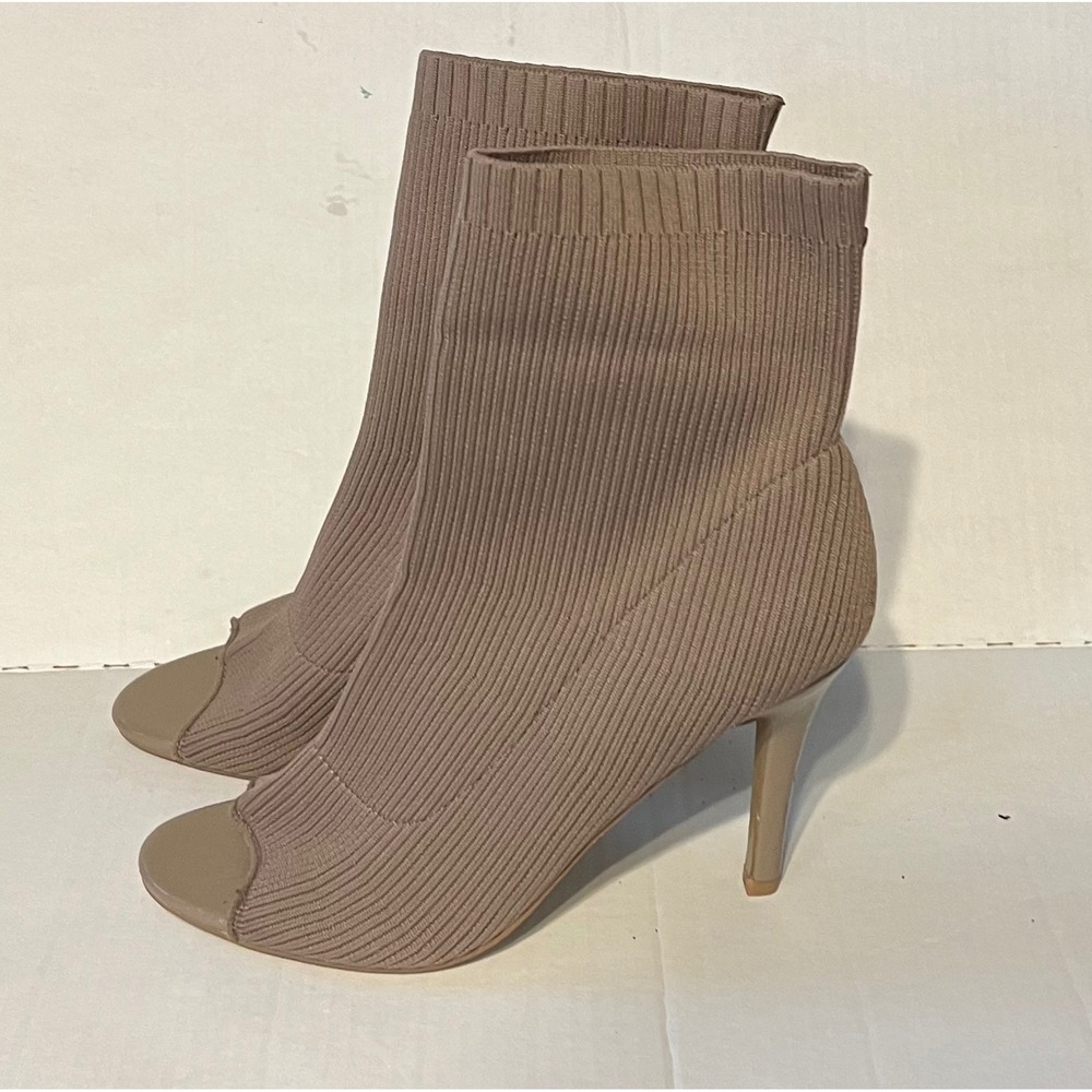 French Connection Megha Taupe Knit Open Toe Stiletto Bootie Heels Size 8.5 EU 39
